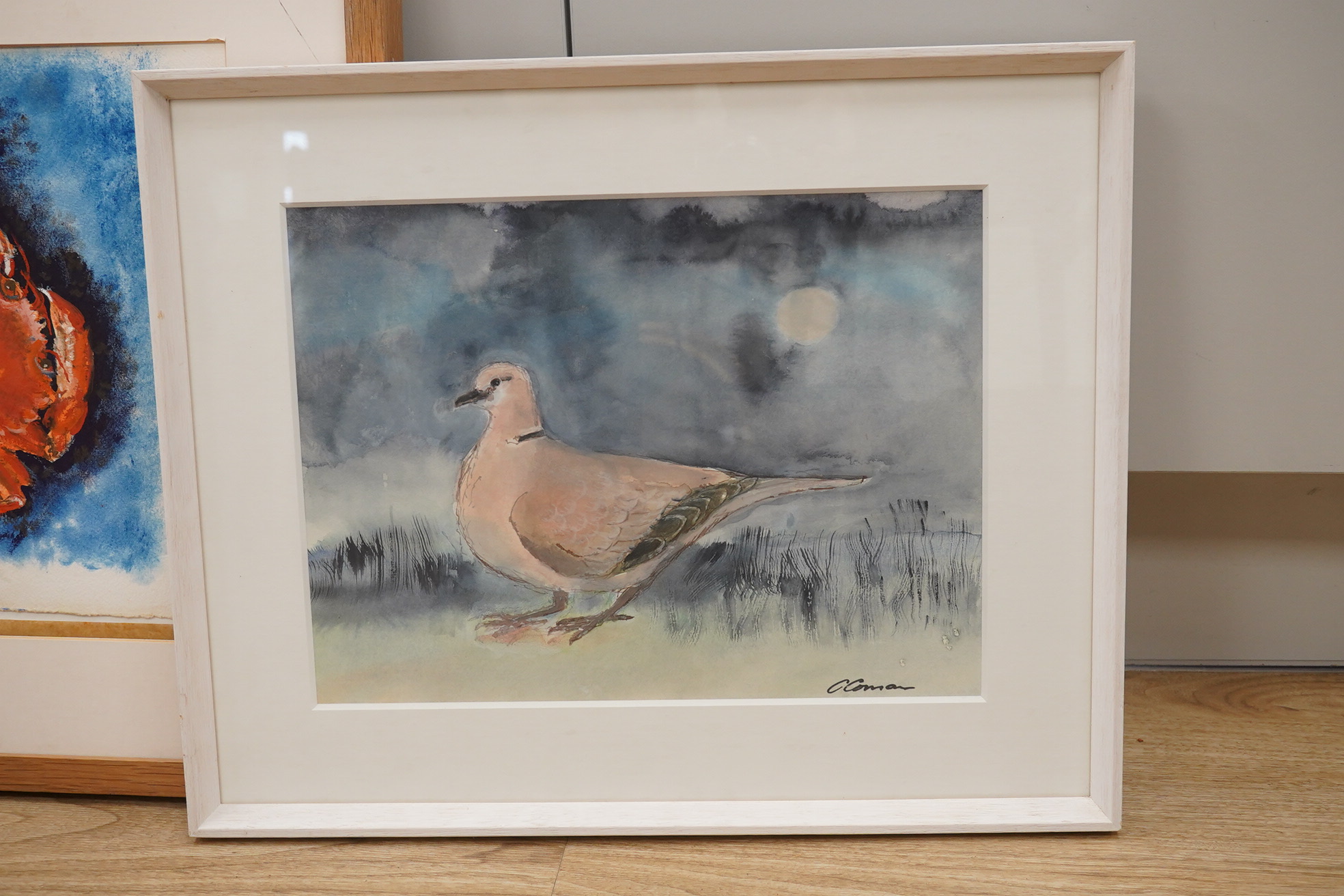 Caroline Conran (b.1939), three works comprising, mixed media, Swimming crab, two watercolours, Pigeons, two signed, largest 27 x 35cm. Condition - good